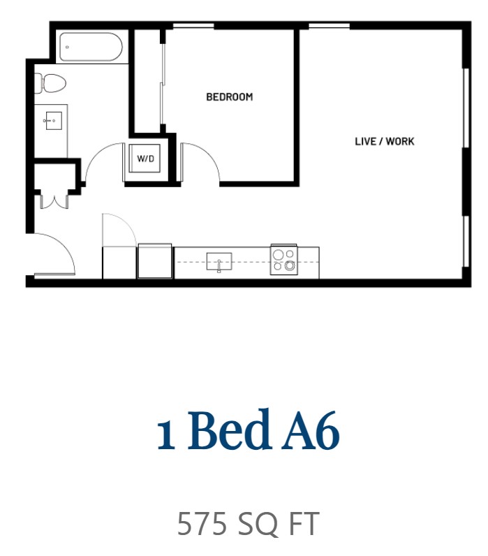 Floor plan for 1 bed, 1 bath, 575 sqft
